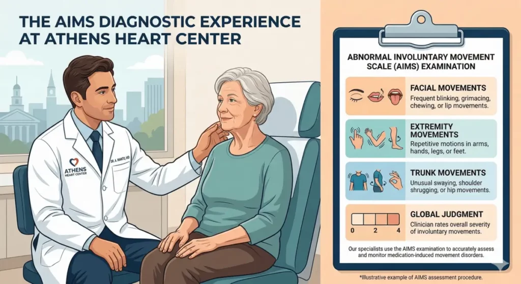 Medical illustration showing Dr. Aurelio Manto at Athens Heart Center administering an Abnormal Involuntary Movement Scale (AIMS) examination.