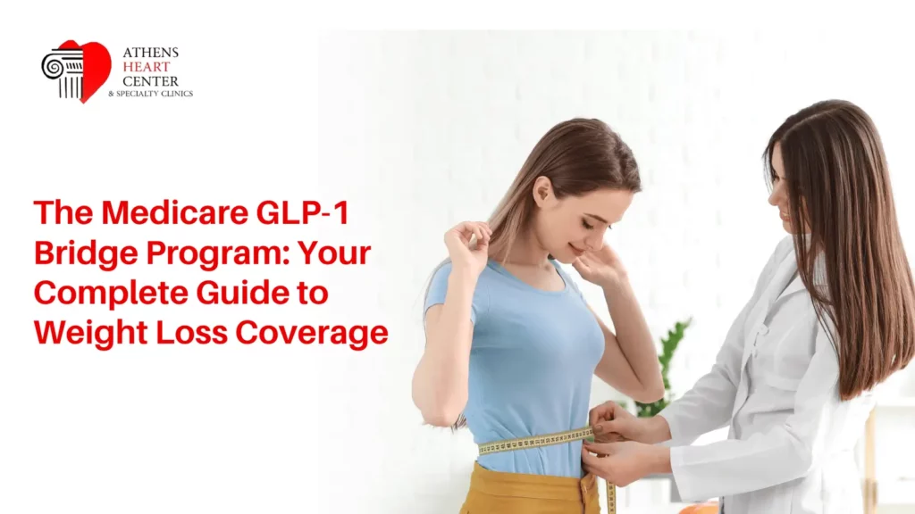 A female clinician measuring a smiling woman's waistline with a tape measure, representing Medicare GLP-1 Bridge Program medical weight loss coverage.
