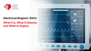 Athens Heart Center featured graphic for an EKG guide, showcasing a medical monitor displaying heart rate and wave patterns.