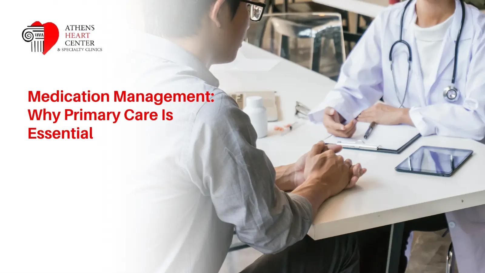 Patient discussing prescription bottle and medication list with a primary care provider.