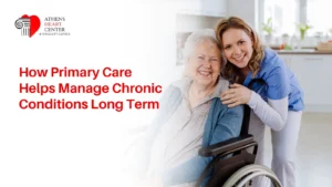 Primary care doctor sitting with a patient discussing a long-term chronic condition management plan.