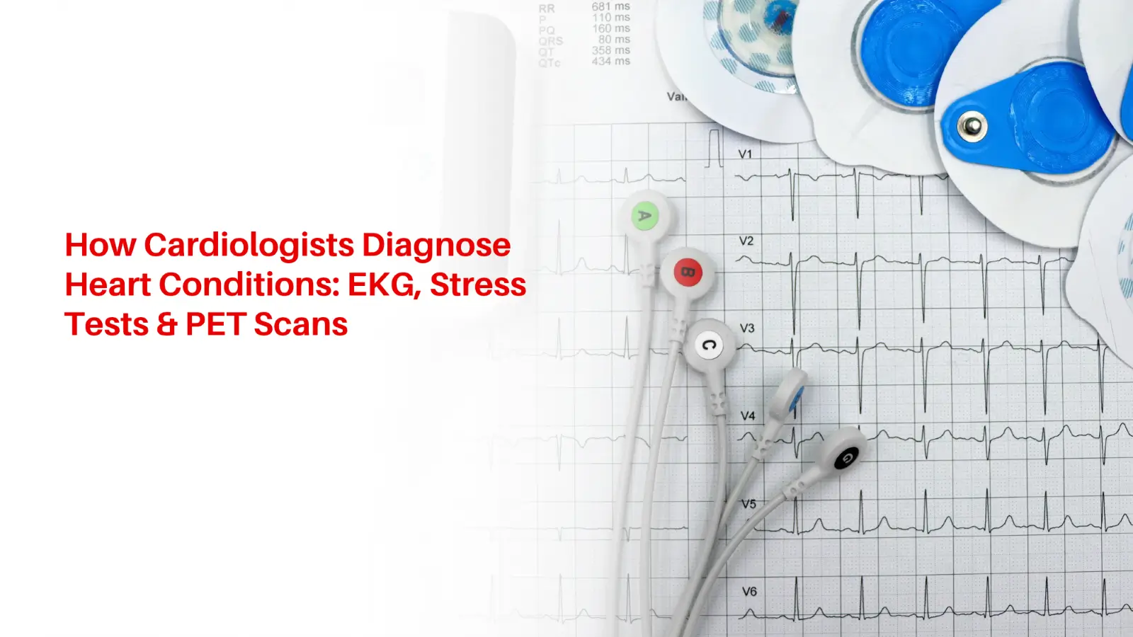 Medical illustration of a doctor evaluating heart health diagnostic charts including an EKG trace and cardiac scan image.
