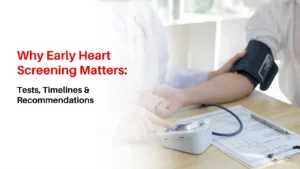 Cardiologist reviewing early heart screening results including blood pressure and lipid panel metrics with a patient