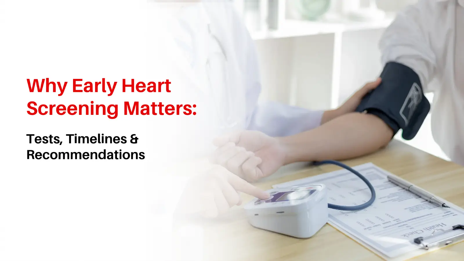 Cardiologist reviewing early heart screening results including blood pressure and lipid panel metrics with a patient